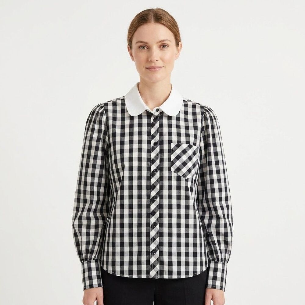 Lee Mathews Smocked Collared Black & White Gingham Shirt Size 4 (10 US)